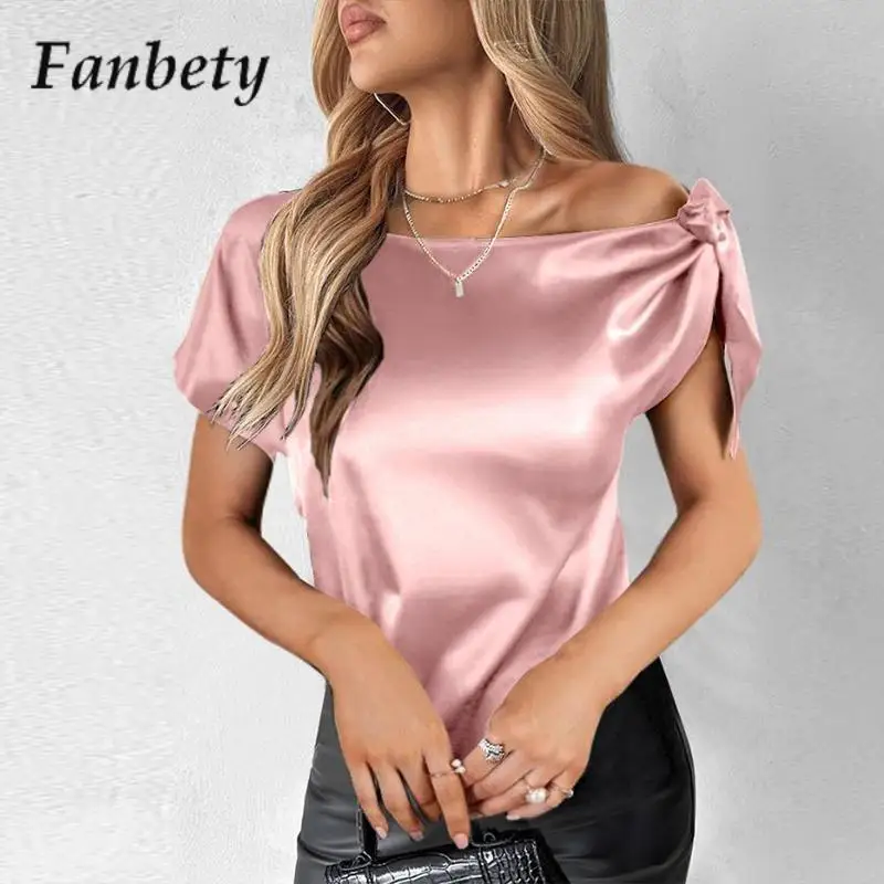 

Женская рубашка с воротником-лодочкой, однотонная блузка с коротким рукавом и бантом на шнуровке, модный универсальный яркий джемпер, лето