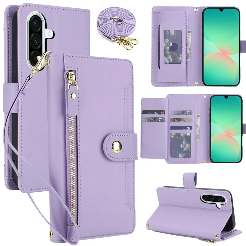 Lanyard Leather Zip Wallet Card Phone Case Cover