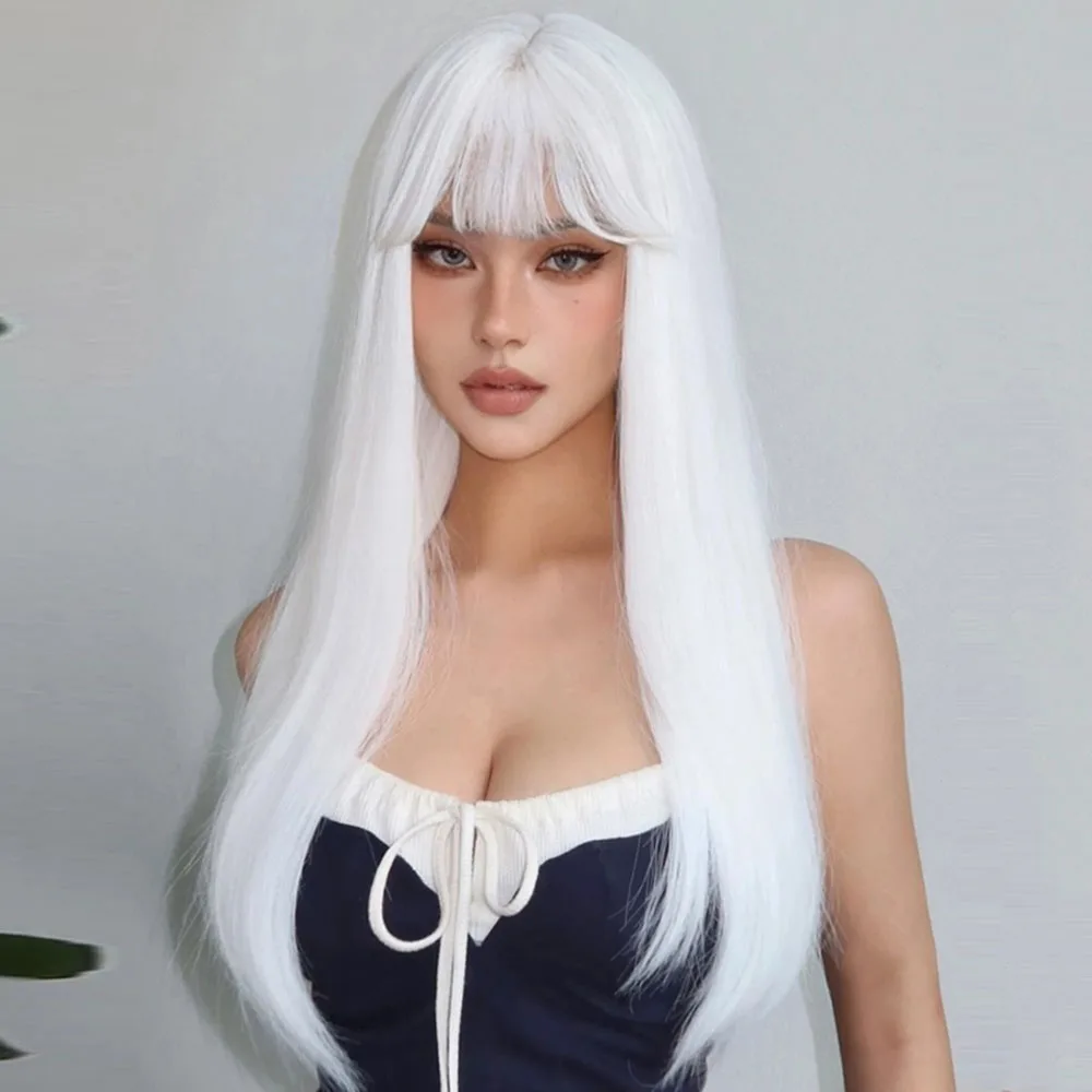 White Cosplay Party Halloween Synthetic Wigs Long Straight Wigs with Bangs for Women Lolita Fake Hairs Natural Heat Resistant