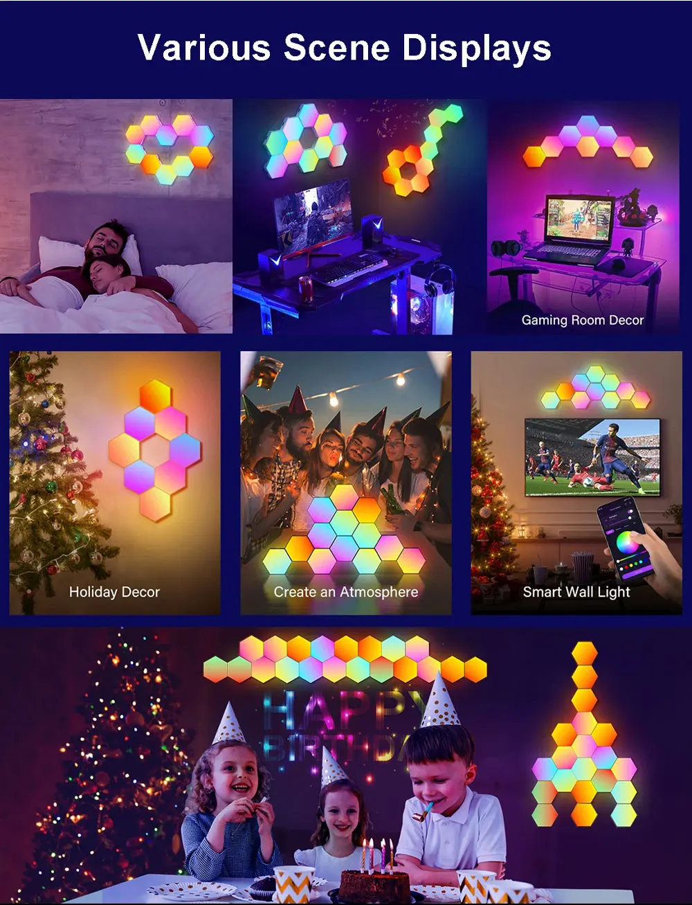 5V Smart RGB Hexagon Wall Light Panels USB Powered – DIY Modular Ambient Lighting, Color Changing with Music Sync & App Control for Bedroom & Game Room