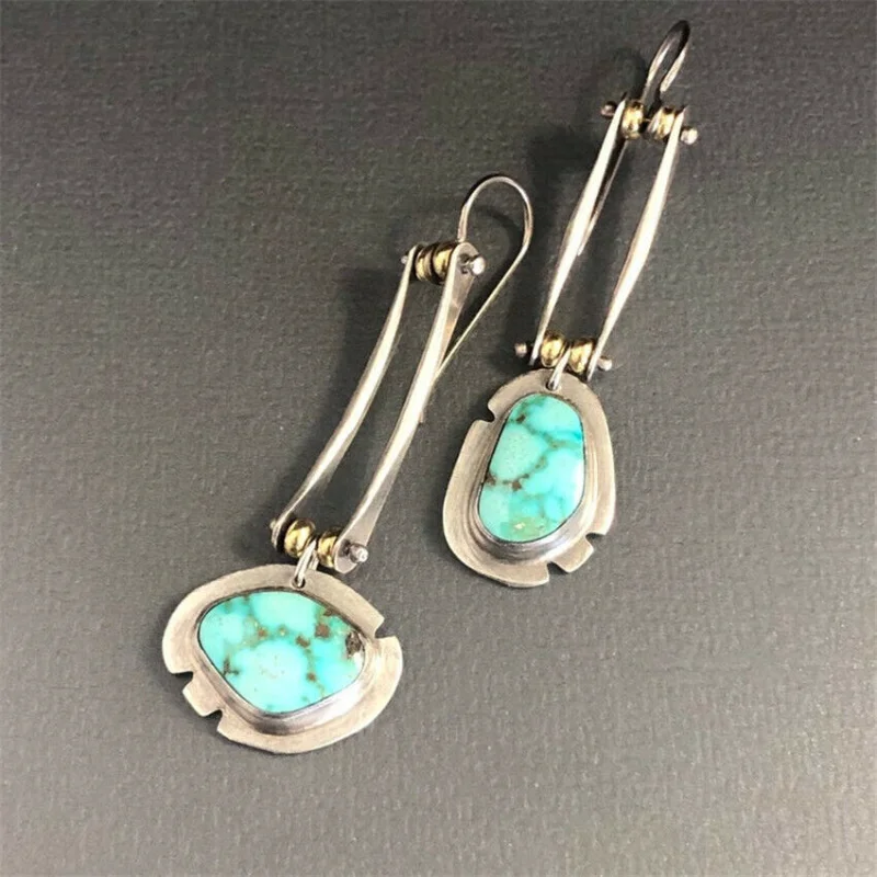Bohemia Ethnic Jewelry Crescent Multi Blue Stone Dangle Earrings for Women Vintage Teardrop Green Stone Drop Pendant Earrings