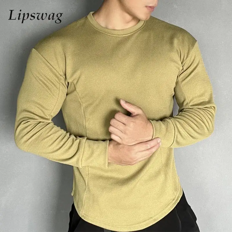 

2023 Spring Autumn Leisure Mens T Shirts Long Sleeve Crew Neck Solid Color Basic Tops Men Fashion Clothes Loose Pullover T-shirt