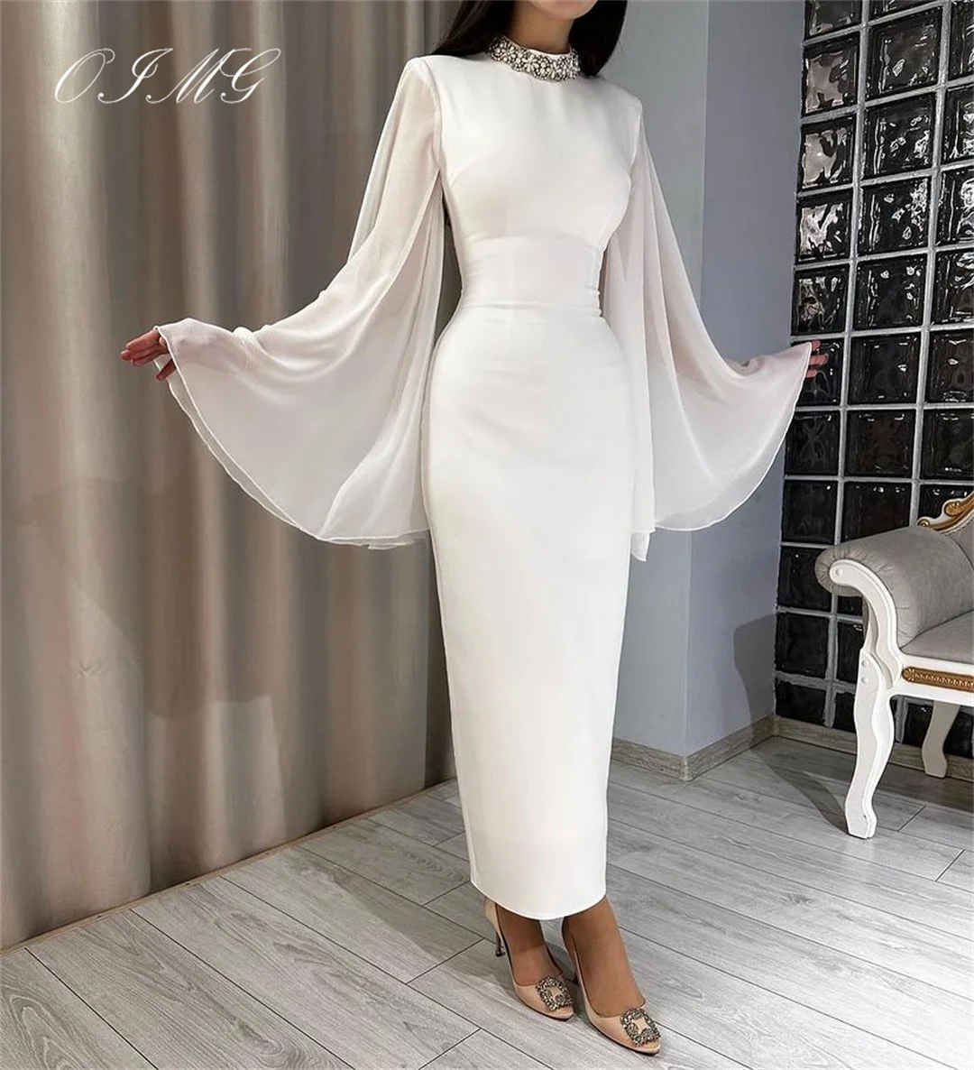 

OIMG High Beading Neck Prom Dresses White Saudi Arabic Women Bat Sleeves Vintage Evening Gowns Occasion Formal Party Dress