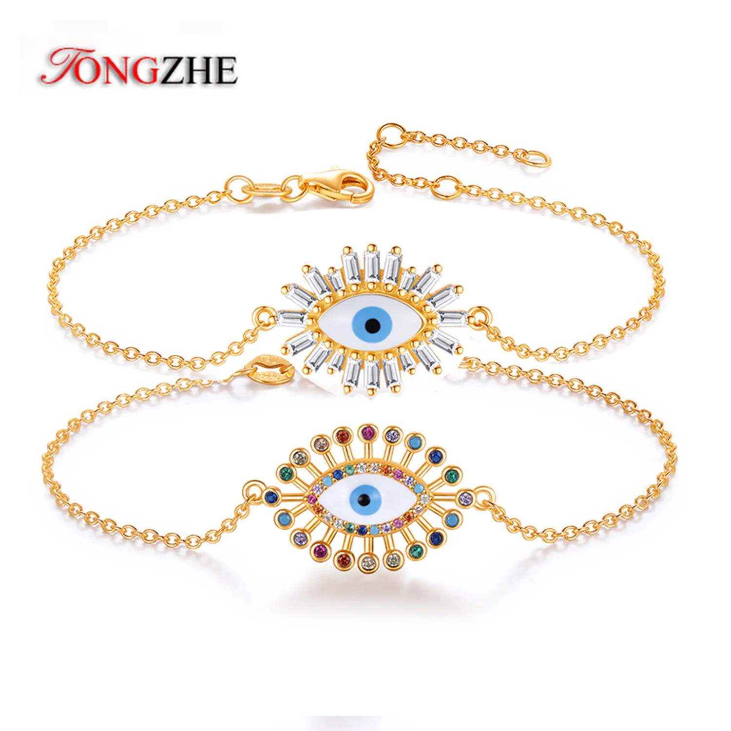 

TONGZHE 925 Sterling Silver Turkish Evil Eye Bracelet CZ Zircon Rainbow Enamel Round Hamsa Bracelet for Women Jewelry