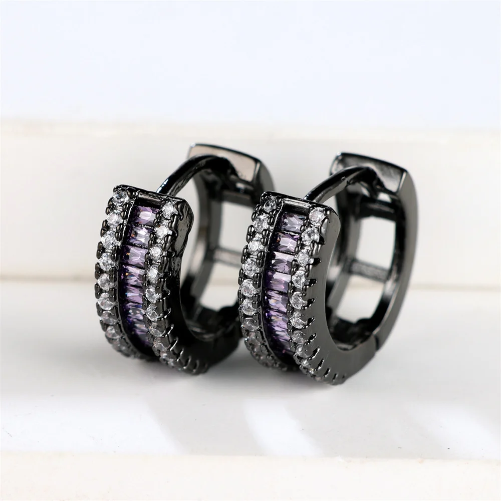 Vintage Black Metal Hoop Earrings Luxury Crystal Multicolor Zircon Round Earrings For Women Simple Fashion Square Stone Jewelry