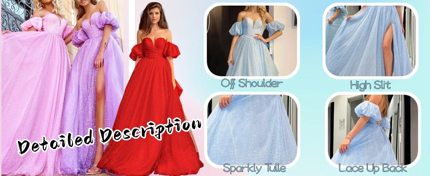 Tulle Prom Dresses for Women 2024 Sparkly Puffy Sleeves Long Ball Gowns with Slit