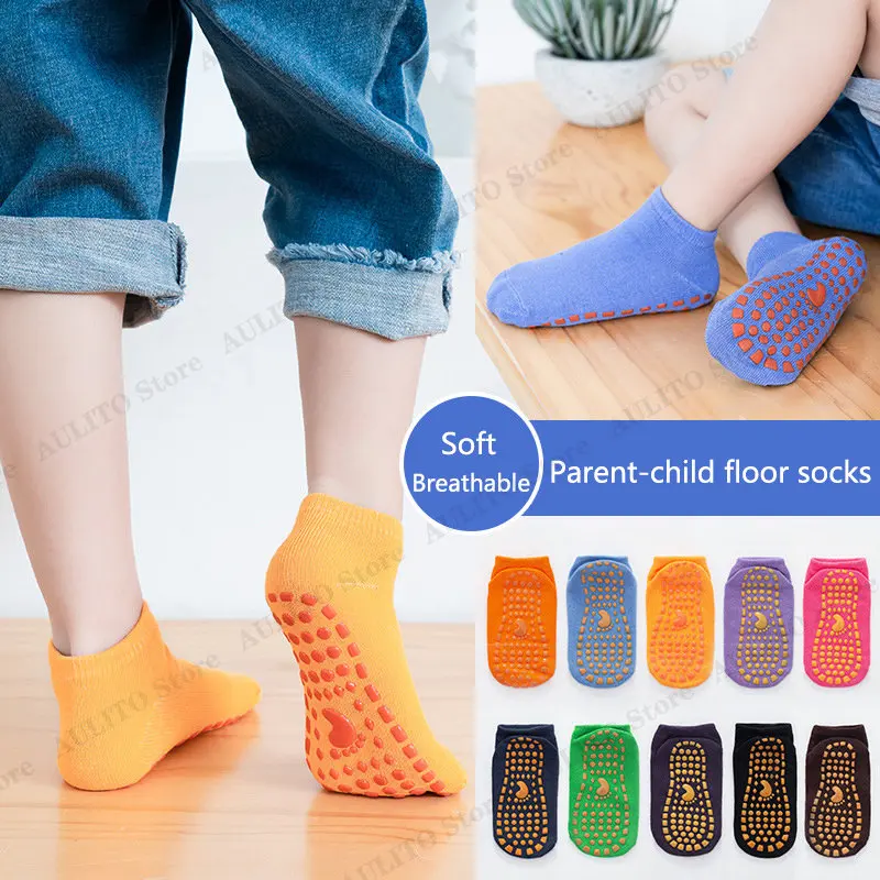 Kids Adults Anti-Slip Floor Socks Parent-Child Trampoline Cotton Breathable Socks Elasticity Sports Boys Girls Outside Children 2
