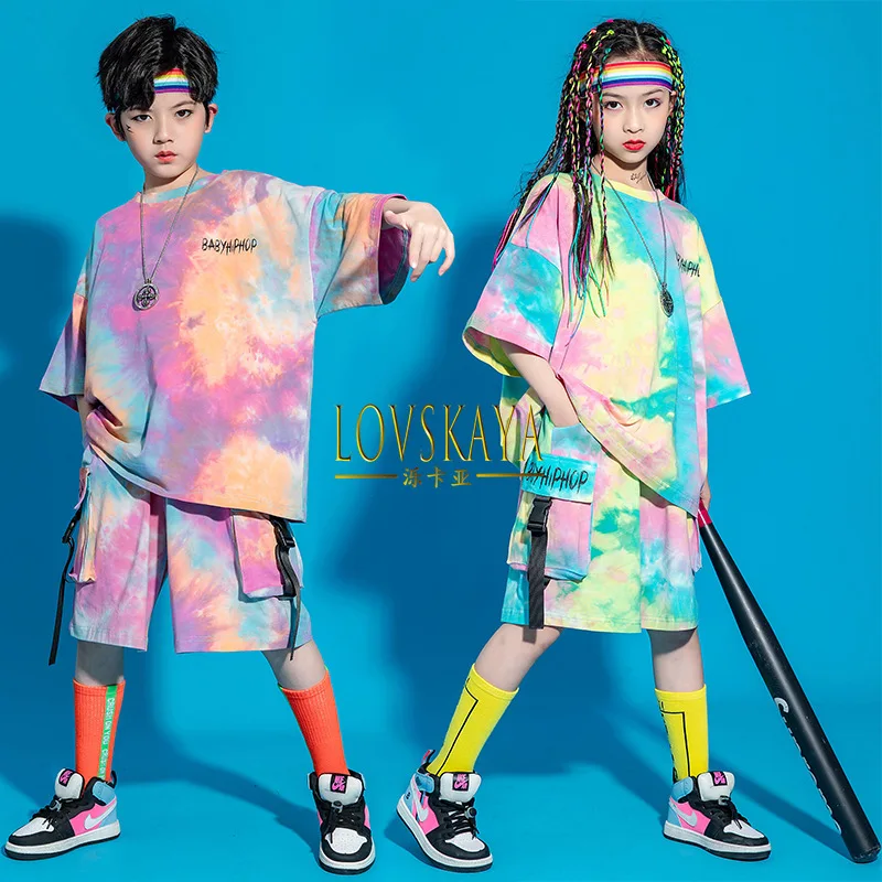 

Hip Hop Stage Costume Outfit Clothing Girl Boy Graphic Tee Tie Dye Oversized T Shirt Top Streetwear Shorts