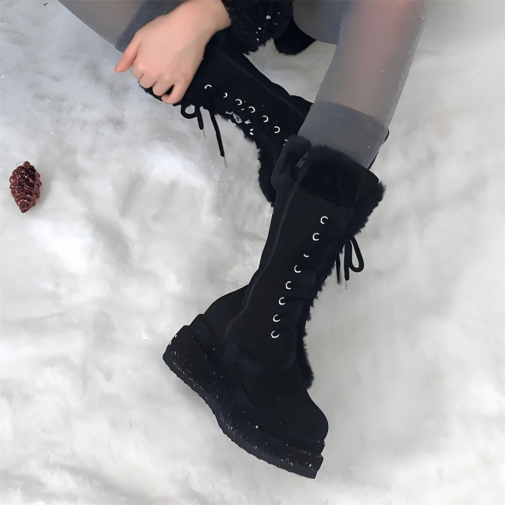Winter Warm Fur Mid Calf Snow Boots Fashion Platform Wedges High Heels Side Zipper Lace-up Boots for Women 3