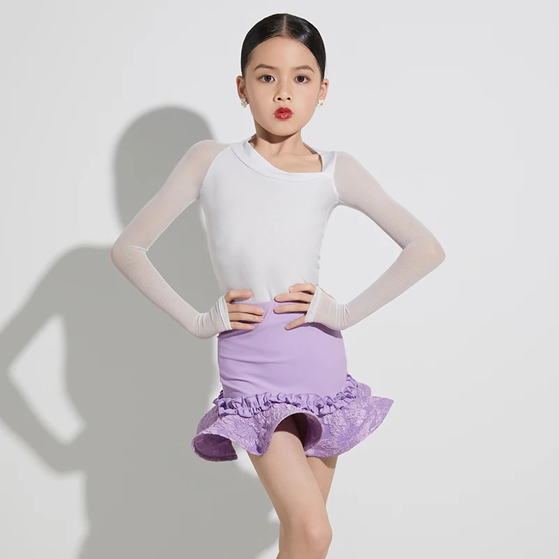 

Платье для латиноамериканских танцев, белые топы для девушек, фиолетовая юбка, танцевальное платье для румбы, тренировочная одежда DL11174