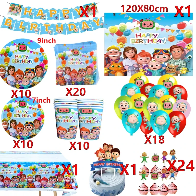 Party Supplies Birthday Party Supplies Disposable Tablecloth Birthday Tableware Set Cake Decoration Toppers Cartoon JJ Melon Birthday Party Decorations Disposable Tableware Cup Plate Tablecloth Cake Topper Balloon for Kids Baby Shower