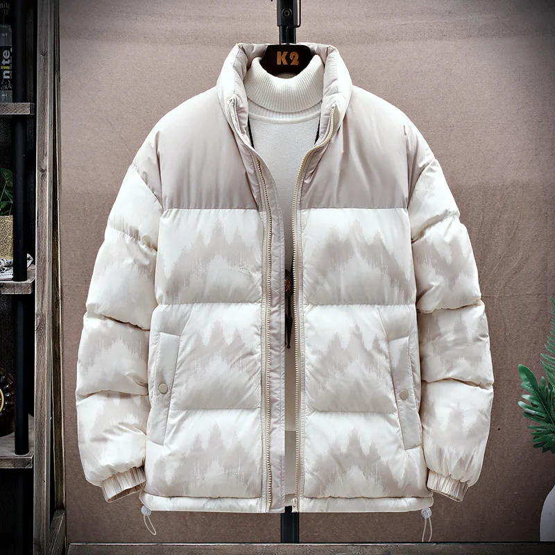 Plush Jacket Men Winter Patchwork Stand-up Collar Printing Coat Cotton-Padded Jacket Unisex Thick Warm Vintage Fashion Parkas