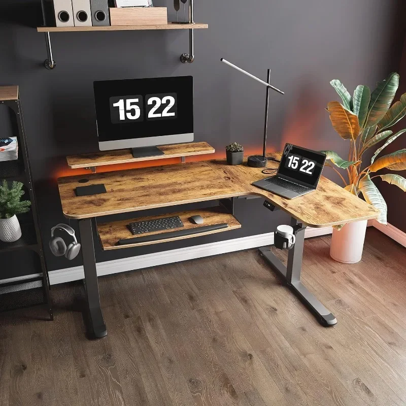 With Keyboard Tray, 61 "L-shaped Electric Adjustable Height Desk, Standing LED with Display, Dual Motor 2