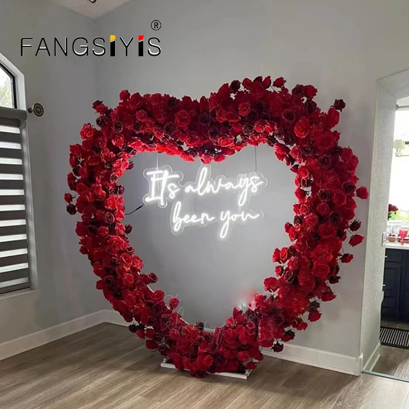 Luxury Red 5D Floral Arrangement With Heart-Shaped Frame Wedding Backdrop Decor Flower Stand Party Arch Prop Stage Flowers Shelf