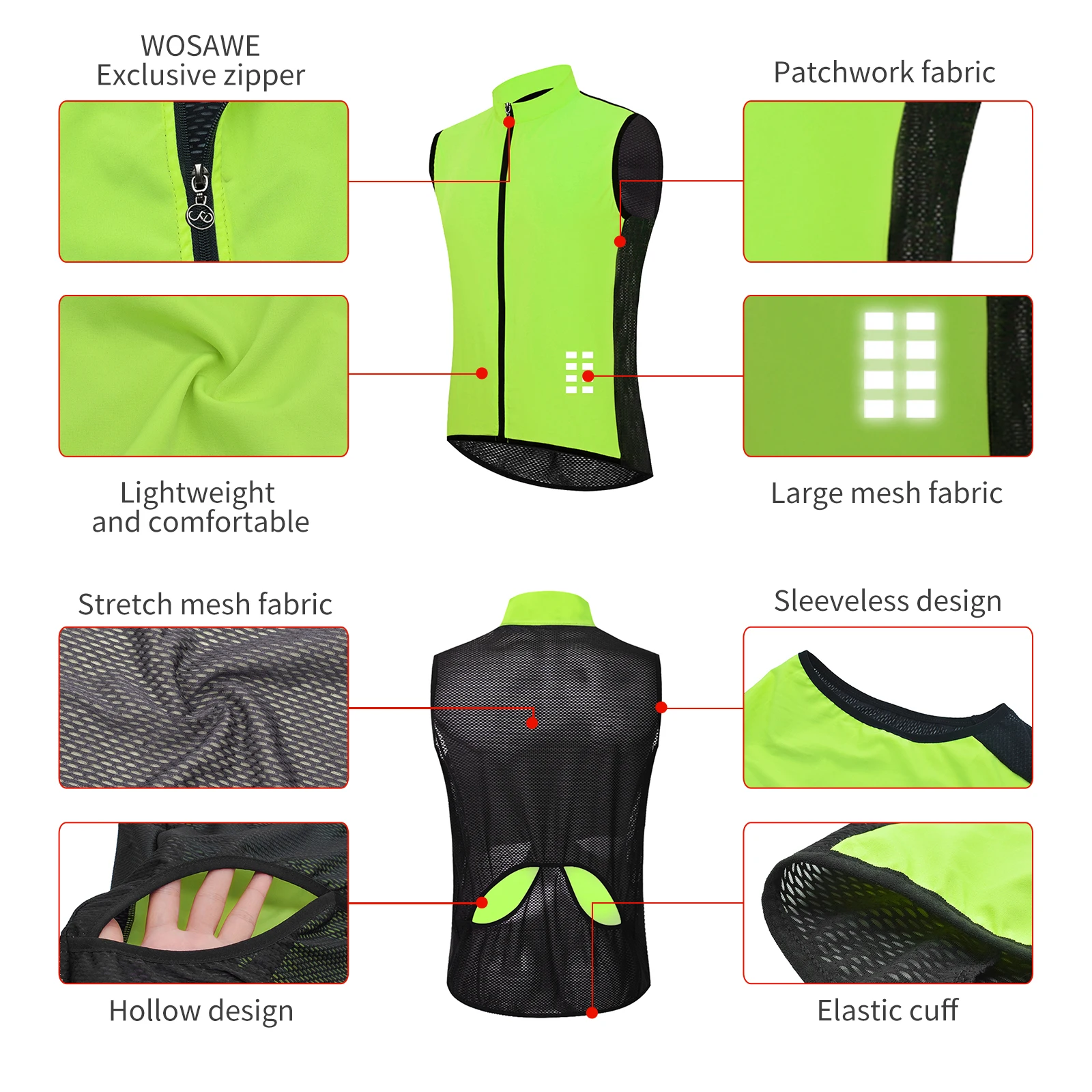 WOSAWE Windproof Cycling Vest Breathable Running Vest MTB Bike Bicycle Reflective Clothing Men Women Sleeveless Cycling Jacket 5