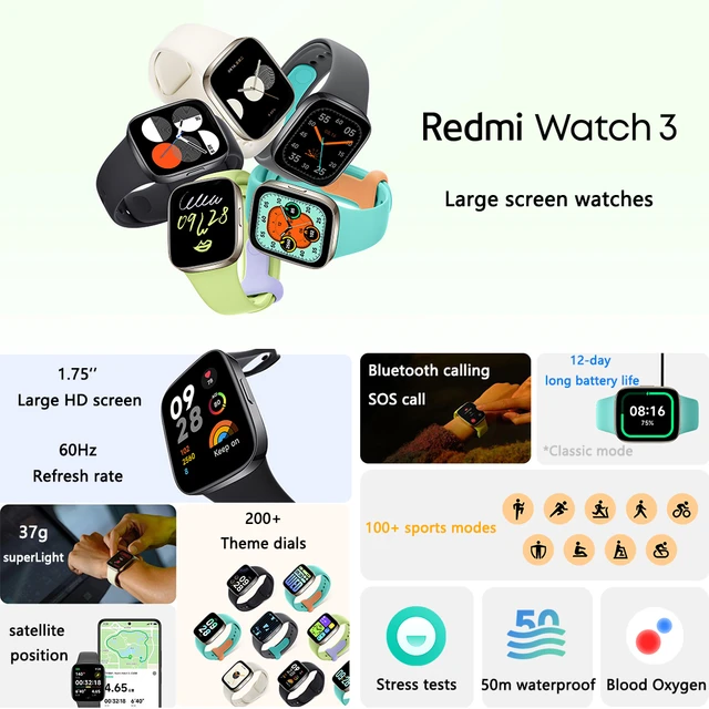 Xiaomi-Redmi Watch 3スマートウォッチ,GPS,1.75インチAMOLED