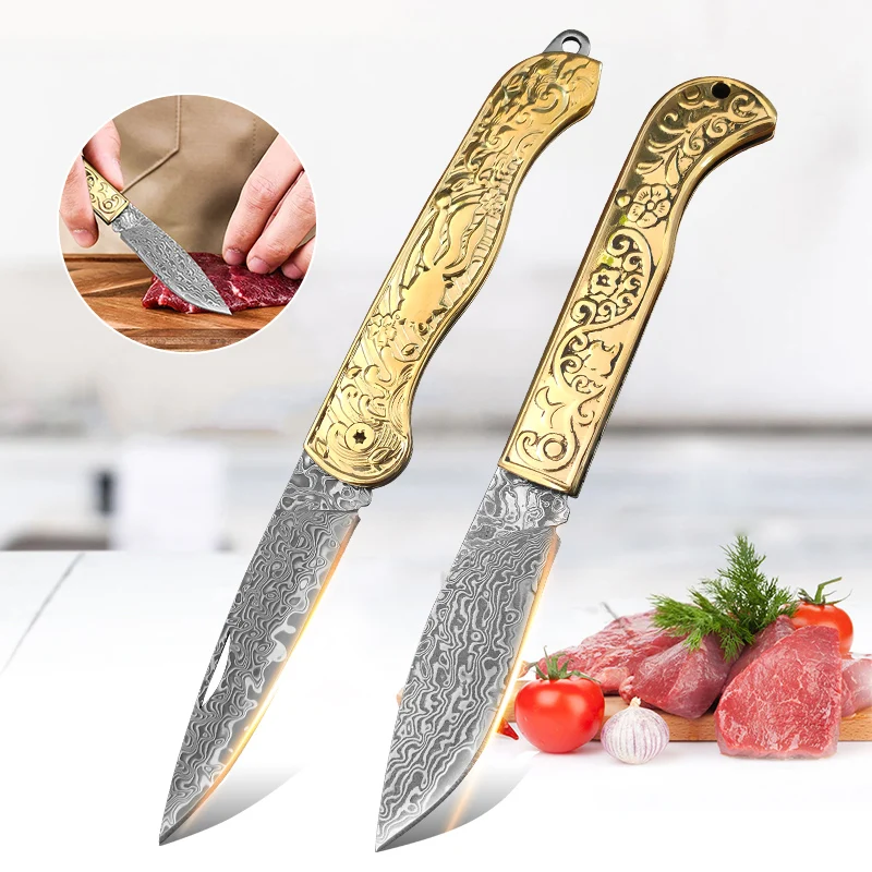 Barbecue Knife Damascus Folding Knife Multi-purpose Cleaver Meat Fish Fruit Pocket Knife All-copper Handle Kitchen Cooking Tools