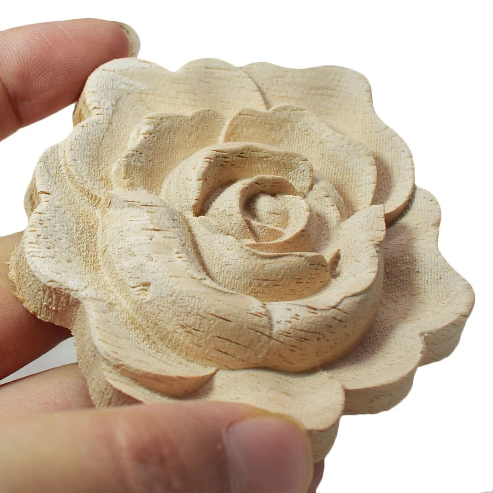 4PCS 7cm Furniture Wood Carving Appliques Vintage Decor Cabinet Door Solid Decals Flowers Pattern Carved Wooden Miniatures