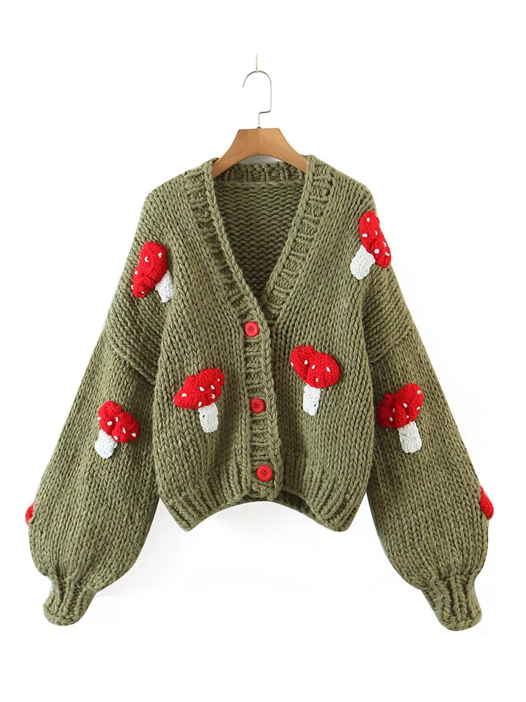 2022 Autumn Winter Sweet Cute Handmade Mushroom Sweater Women Loose V-Neck Casual Short Knit Cardigan Jacket Female Coat 2