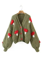2022 Autumn Winter Sweet Cute Handmade Mushroom Sweater Women Loose V-Neck Casual Short Knit Cardigan Jacket Female Coat 2