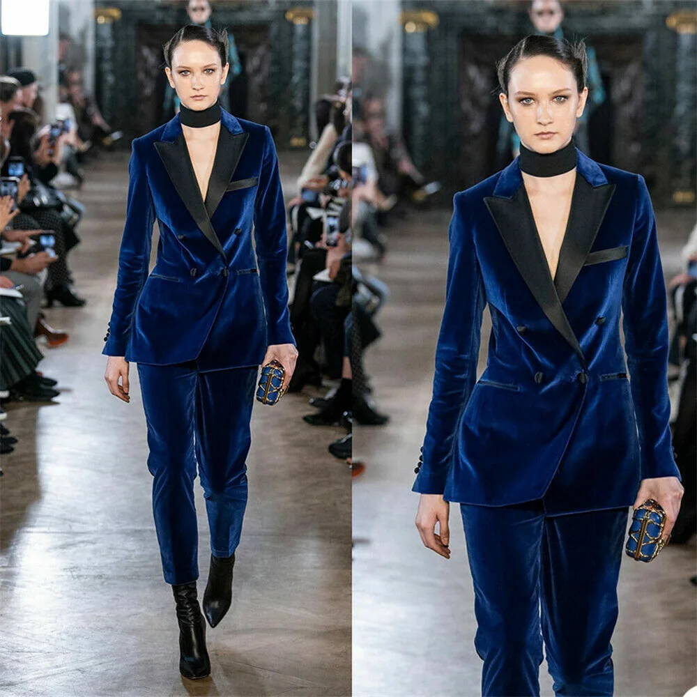 

Navy Blue Women Suits Velvet Wedding Slim Fit Tuxedo Double-Breasted Blazer Coat 2023 Simple Suit For Women