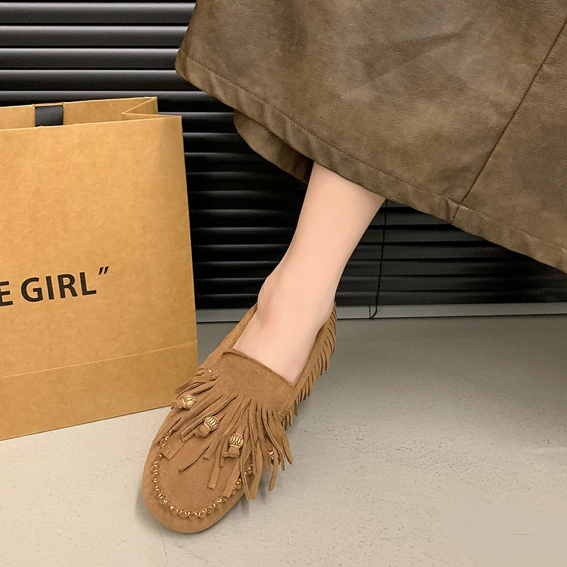 2024 Summer All-match Flat Bean Shoes Slip-on Lazy Women's Shoes Soft Soles Shallow Mouth Retro Tassel Women's Shoes 2
