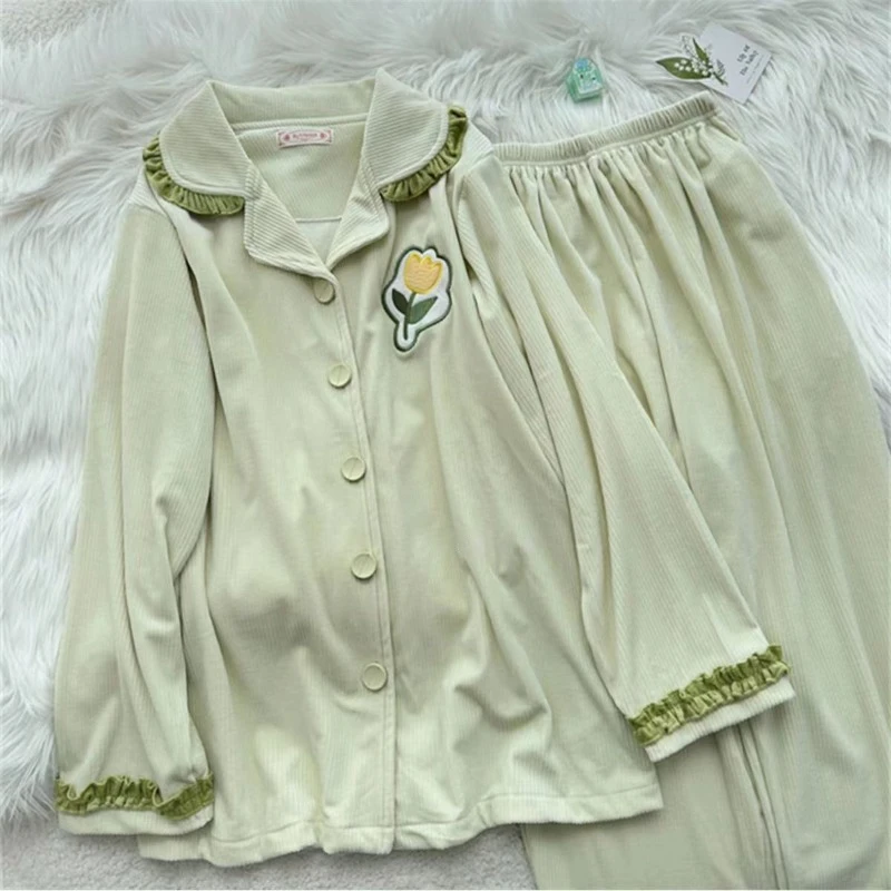 2024 New Pajama Autumn Winter Women Island Velvet Sleepwear Sweet and Cute Long Sleeve Pants Loungewear Thin Velvet Homewear Set