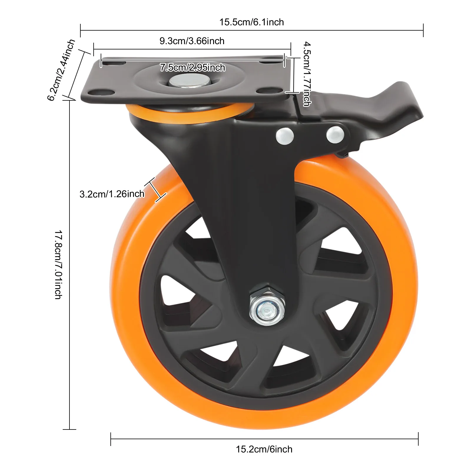 4er-Pack 6 Zoll (152 mm) Industrierollensatz – Rollen Mit Bremsen Schwerlastrollen, robuste PU-Rollen mit Bremse (100 kg/je) – Detail 10
