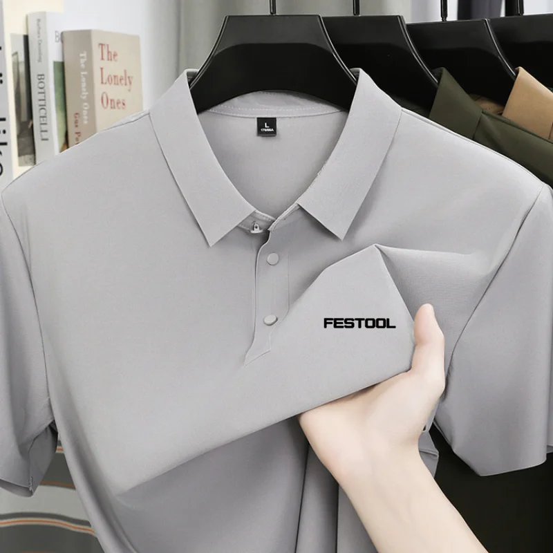 Polo stampata alla moda a maniche corte in seta ghiaccio, comoda maglietta da uomo estiva casual traspirante a tinta unita con risvolto - immagine 3