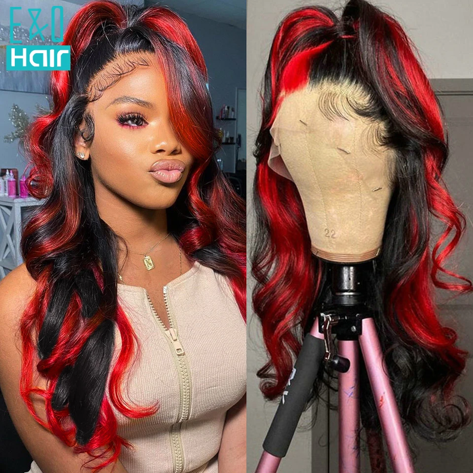 Black Hair Red Highlights Front Ombre Black Red Lace Front Wig 30
