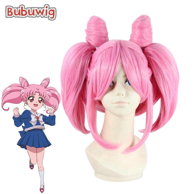 Bubuwig Synthetic Hair Sailor Chibi Usa Ponytail Wig Women Halloween 35cm Medium Long Pink Straight Cosplay Wigs Heat Resistant