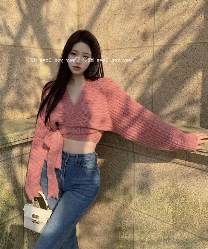 

Cropped Pullovers Women's Clothing V-neck Bandage Slim Waist Jumper Y2k Tops Casual Fashion Korean Knitted Sweater Sueter Mujer