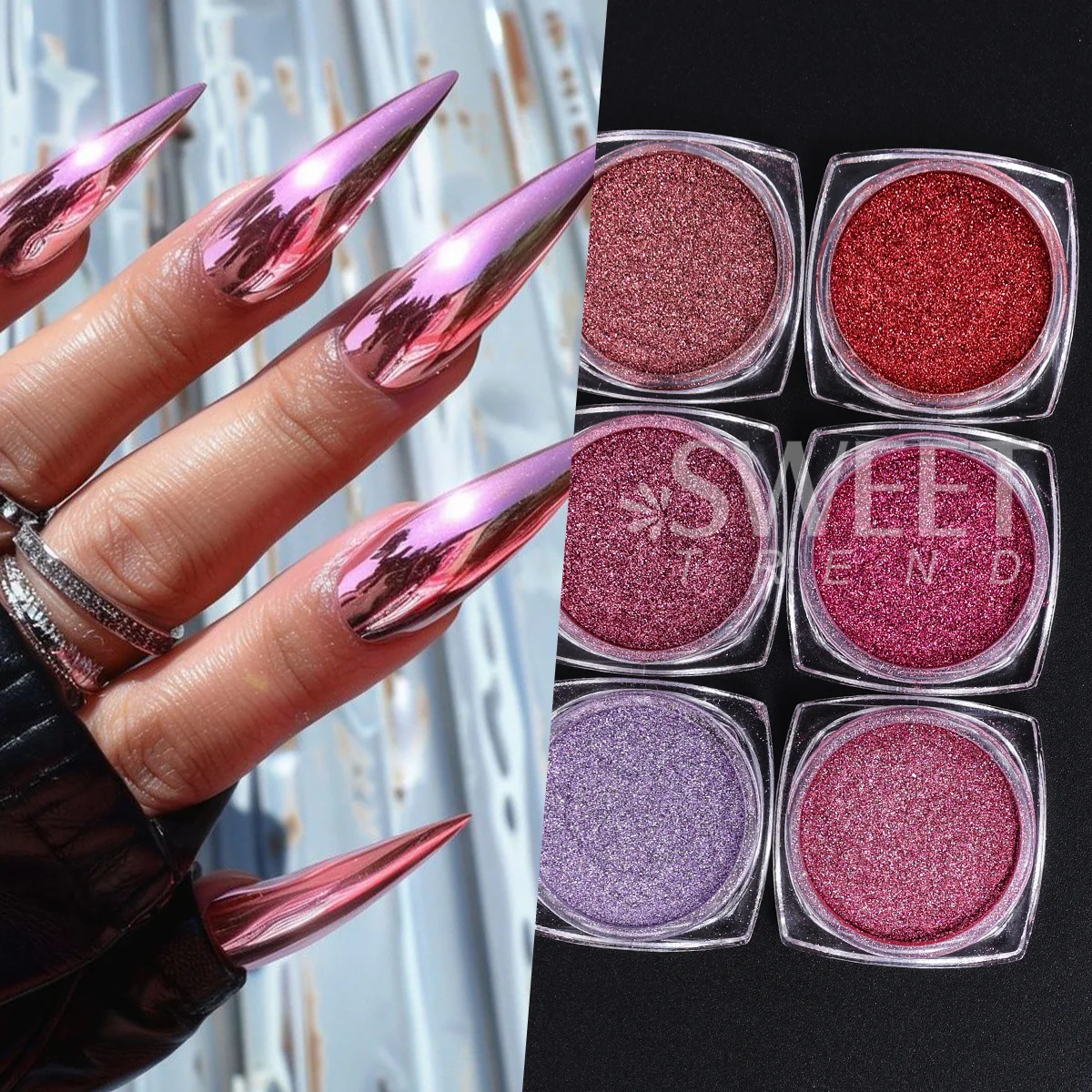6pcs Magic Mirror Pink Series Nail Glitter Powder Metallic Chrome Pigment For Nail 3D Punk Rubbing Dust DIY Flash Manicure Decor