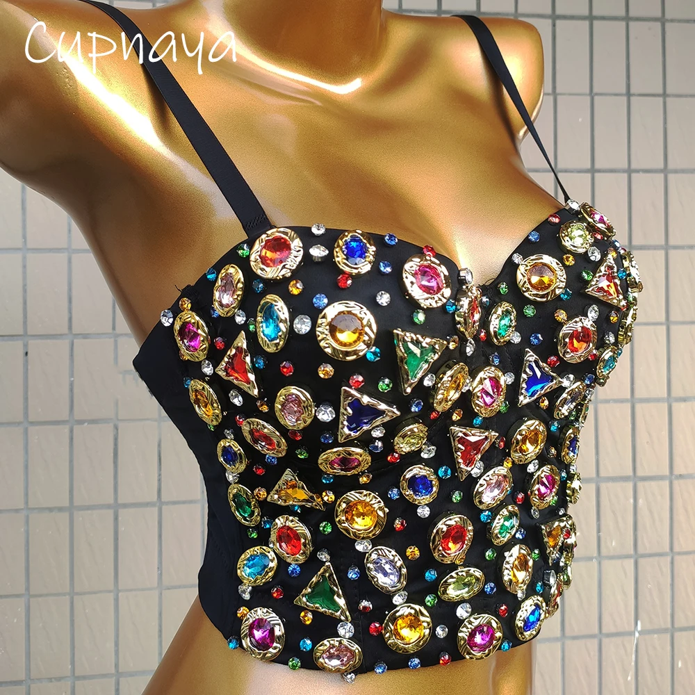 

Cupnaya Colorful Stones Women Sexy Short Waist Corset Bustier Show Night Club Party Sparkle Crop Tops Bra Pad Tube Tanks Black