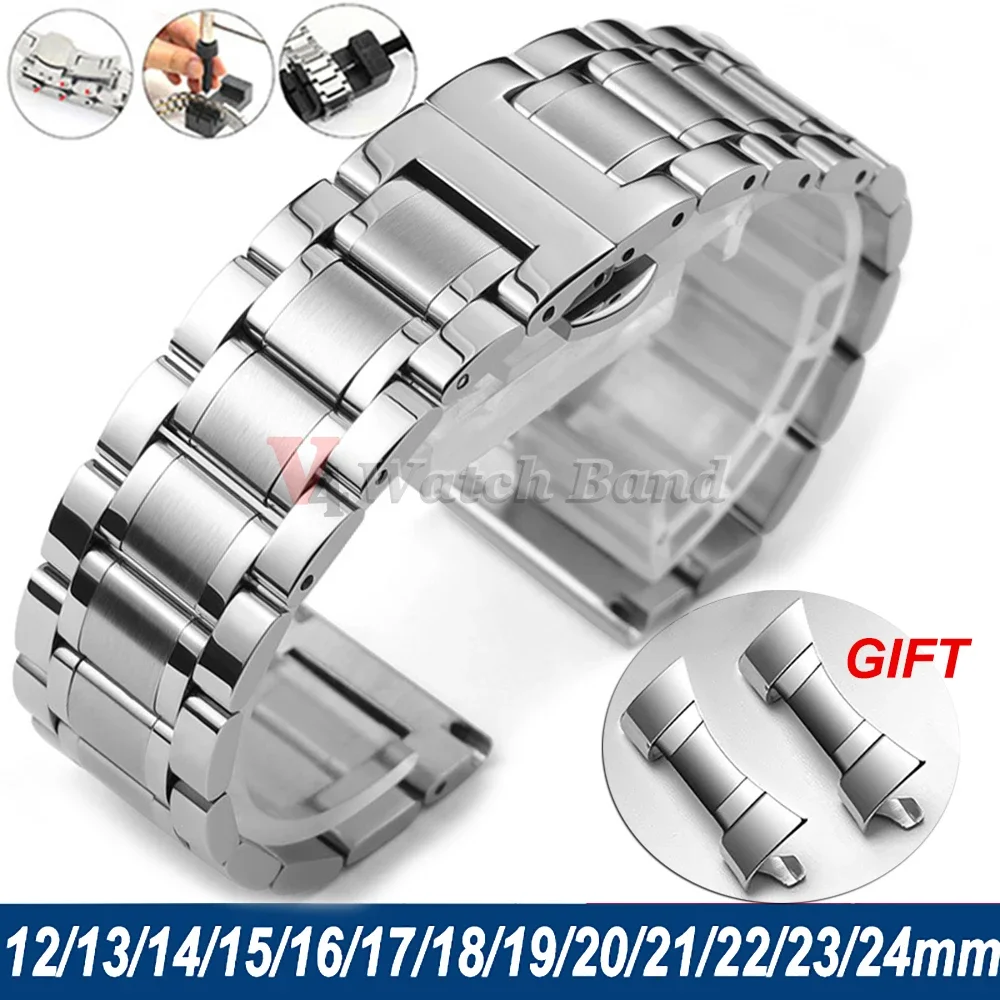 Universal Stainless Steel Hollow Curved End Watch Band with Butterfly Buckle