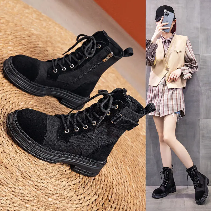 

British Style Women's Summer 2022 New Thin Breathable Lace Up Round Toe Side Zipper Canvas Short Boots