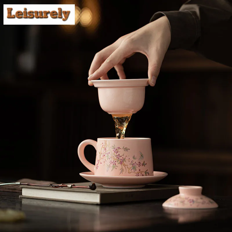 230ml Pink Glaze Wisteria Flower Filter Tea Separator Cup Ancient Tea Mug With Infuser Tea Soaking Office Water Cup Teaset Craft