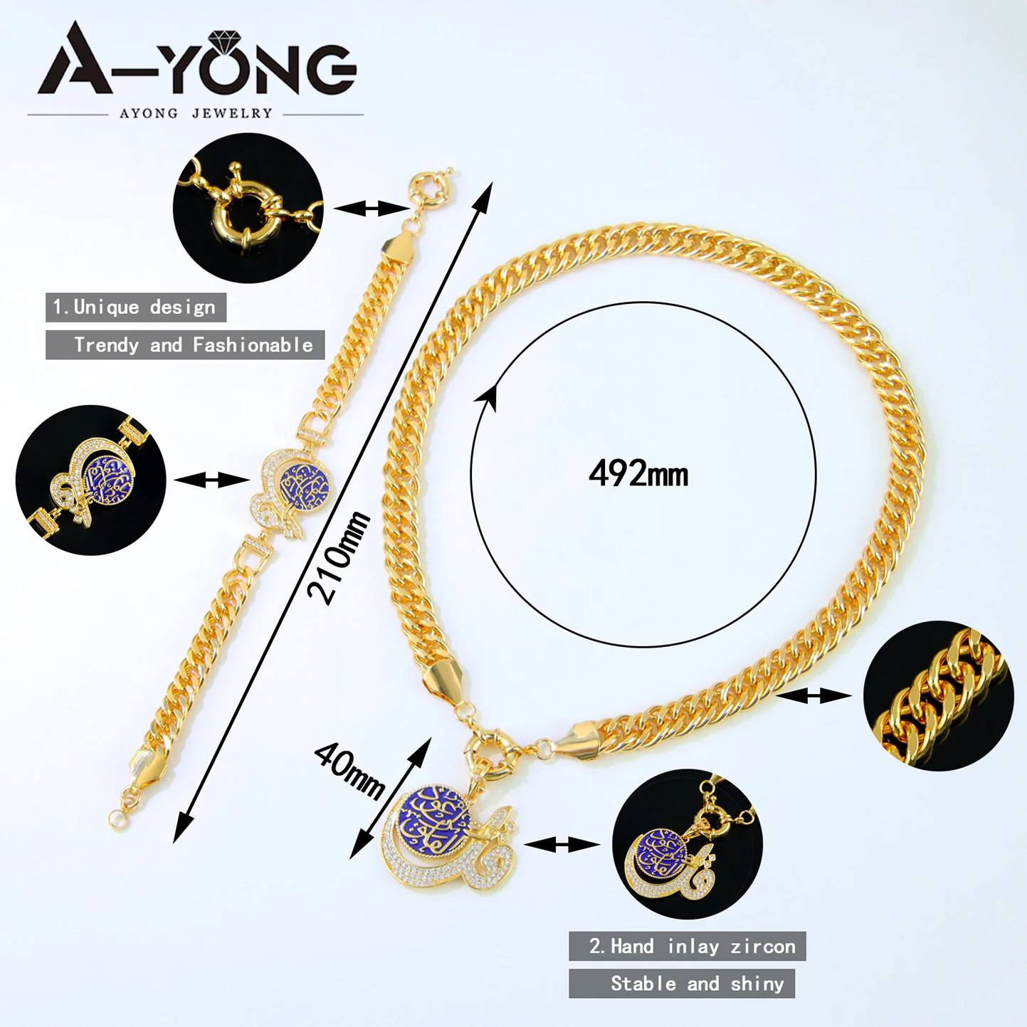 Dubai Mode Hip-Hop Schmuckset 21k Vergoldet Italienischer Retro Punk Kubanische Halskette Armband Arabischer Damen Event-Party Schmuck – Detail 11
