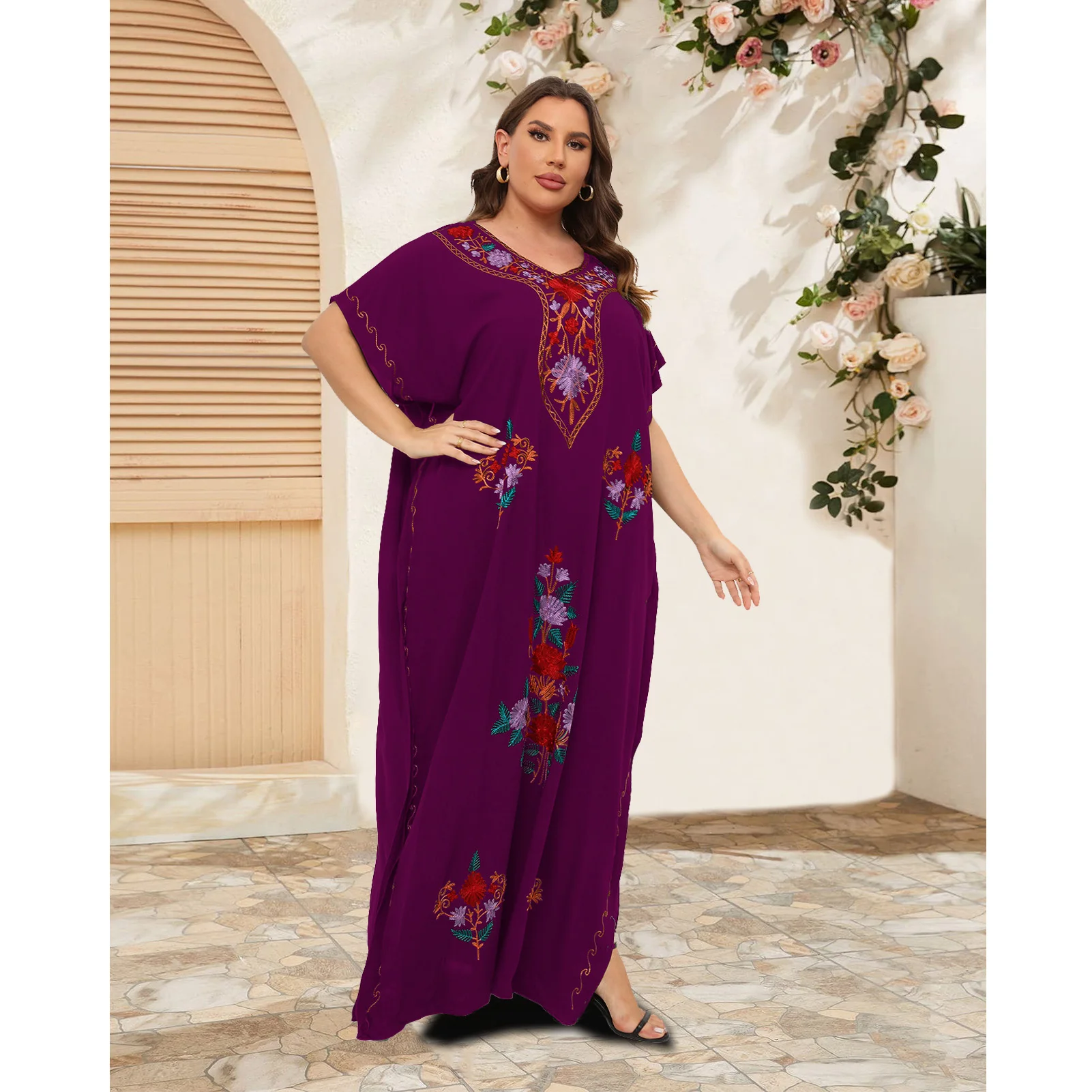 

New African Dashiki Abayas Plus Size Caftan 100% Cotton O-neck Jilbab Short Sleeves Loose For Women's Kaftan