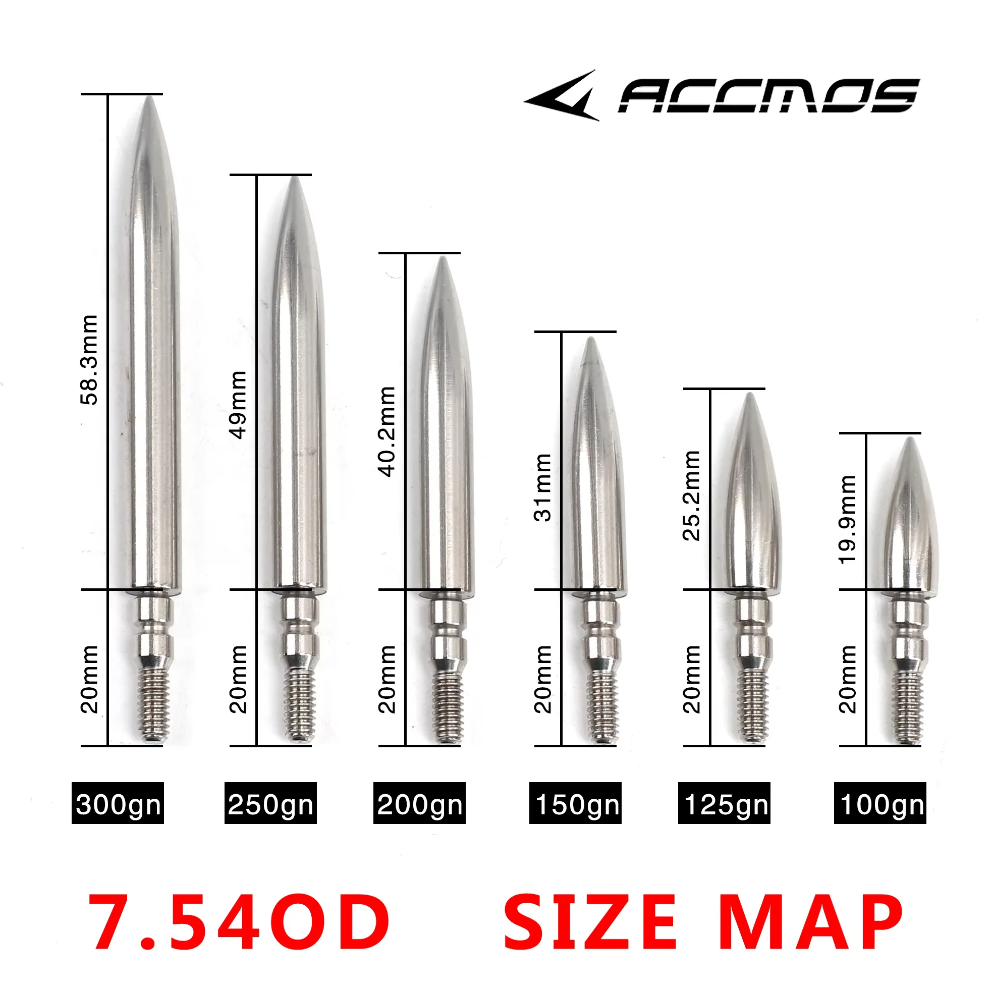 12PC Archery Stainless Steel Bullet Point Tip 100/125/150/200/250/300grain OD7.14/7.54/7.93mm Arrow Shaft Screw Thread Arrowhead archery arrowhead