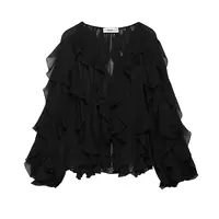 DUOPERI Women Fashion Solid Ruffled Blouse Vintage V-Neck Long Sleeves Female Chic Lady Shirts - Image 2