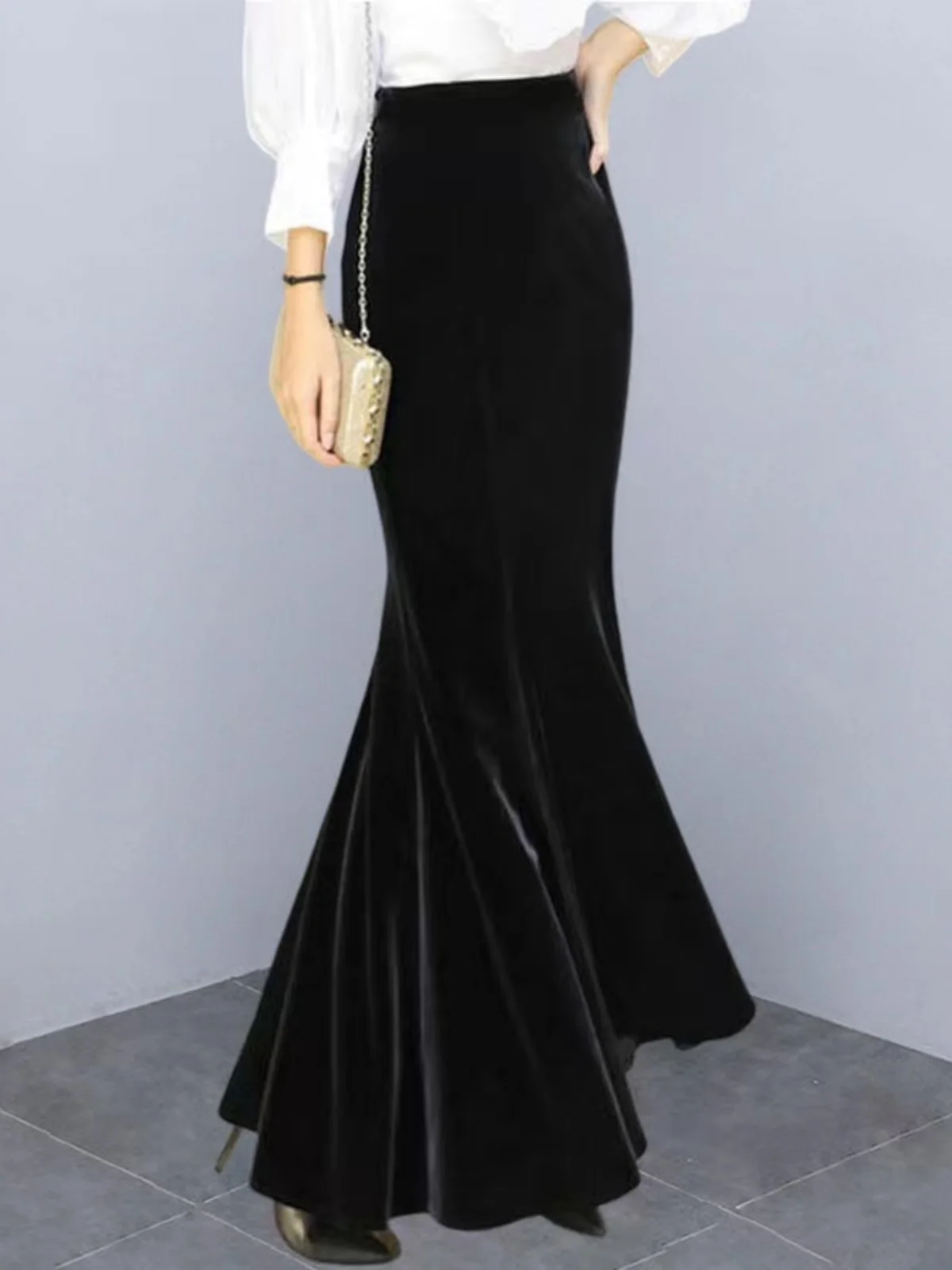 Spring Autumn Gold Velvet Fi Tail Skirt High Waist Bodycon Celebri Sle Women's Casual  Color Polyester A-Line Skirt