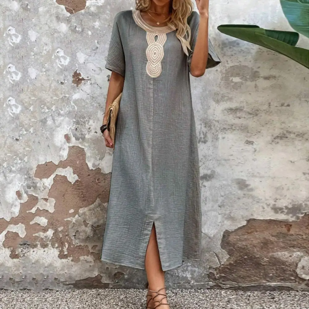 

Summer Women Dress Short Sleeves Split Hem O Neck Loose Retro Bohemian Straight Casual Breathable Casual Vacation Midi Dress