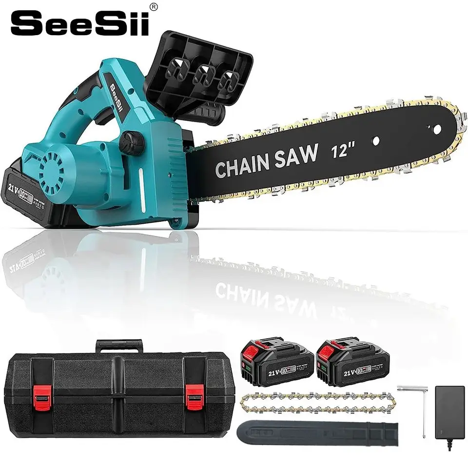 SeeSii - Motosierra eléctrica inalámbrica de 8 pulgadas sin escobillas, con  2 baterías 2.0, sistema de engrasador y ajustador de cadena, motosierra de