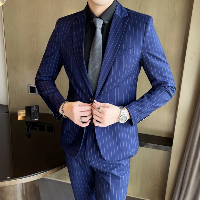 Men's Slim Fit Two-Piece Formal Suit Set Spring Autumn Stripes Business Casual Trousers And Jacket Combo