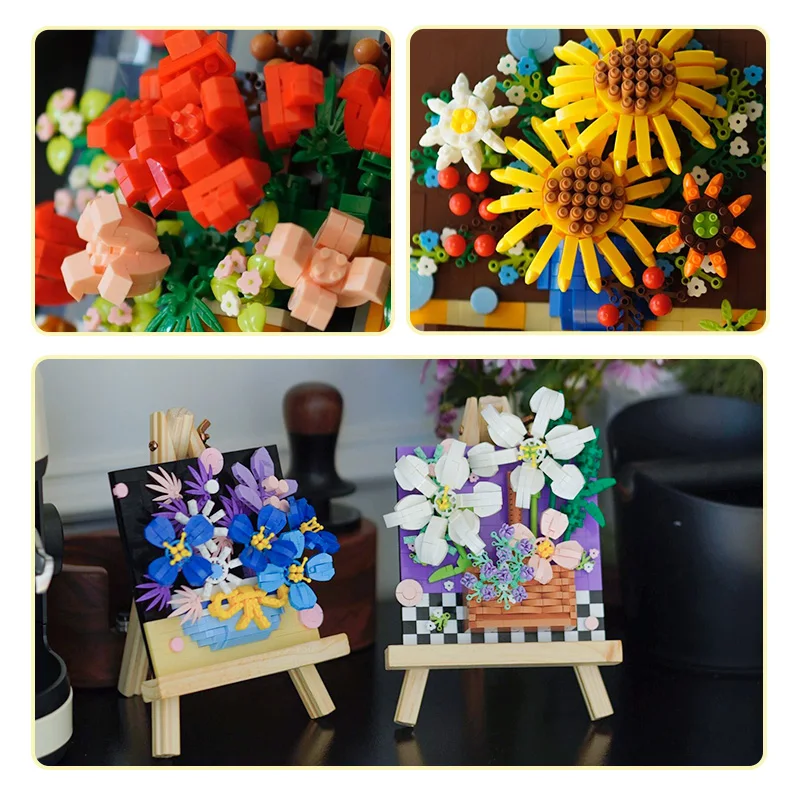 창의적인 DIY 예술 빌딩 블록, 나무 이젤 장미 해바라기 디자인, 꽃 블록, 이젤 벽돌 장난감, 사무실 홈 데코 선물
