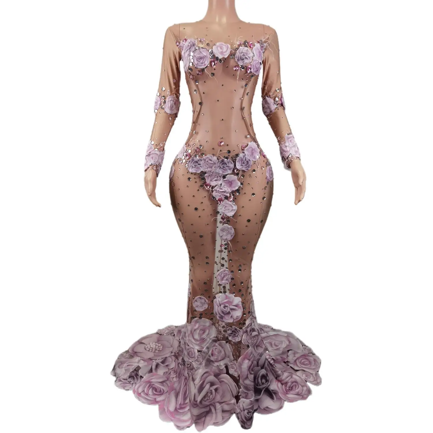 

Fashion 3D Pattern Pink Floral See ThrougMesh Long Dress Birthday Party Trumpet Dress Women Singer Performance Costume Huaxianzi