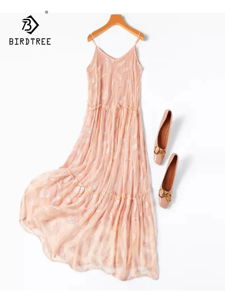 

BirdTree, 100%Real Silk Elegant Dresses, Women Spaghetti Strap Embroidery, French Sweet Fairy Dress, 2024 Summer New D45357QC