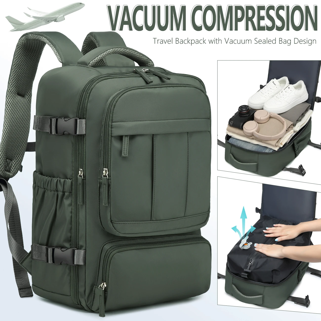 livbote Zaino Sottovuoto Viaggio con pompa sottovuoto, Zaino da Viaggio Aereo Bagaglio a Mano Ryanair 40x20x25 Zaini Airbag Borsa da Cabina per Donna Uomo - Blu Pavone