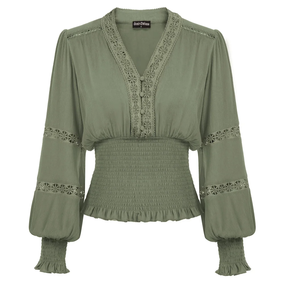 

SD Women Renaissance Smocked Waist Blouse Long Sleeve V-Neck Pullover Tops
